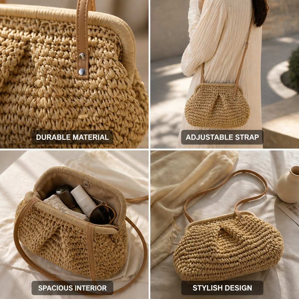 Sac à bandoulière réglable en fibres naturelles tressées | elesira