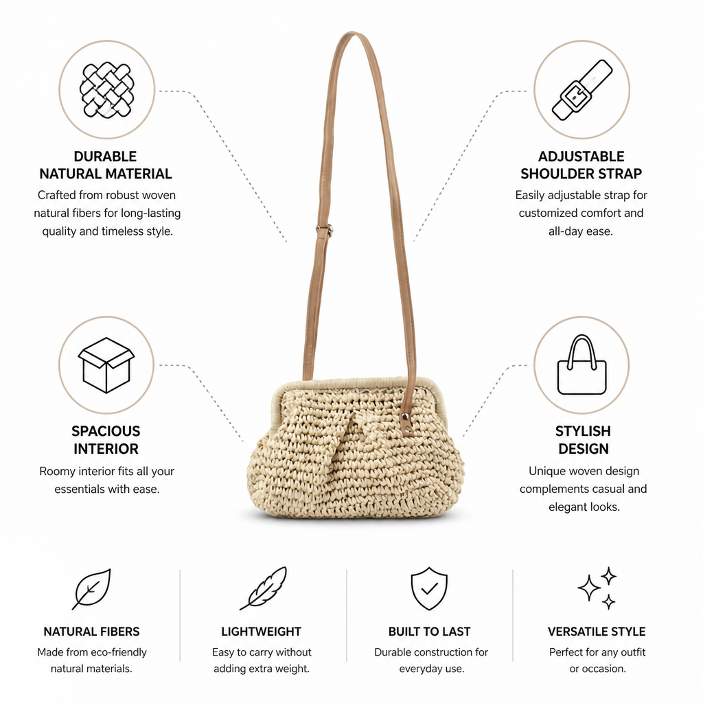 Sac à bandoulière réglable en fibres naturelles tressées | elesira