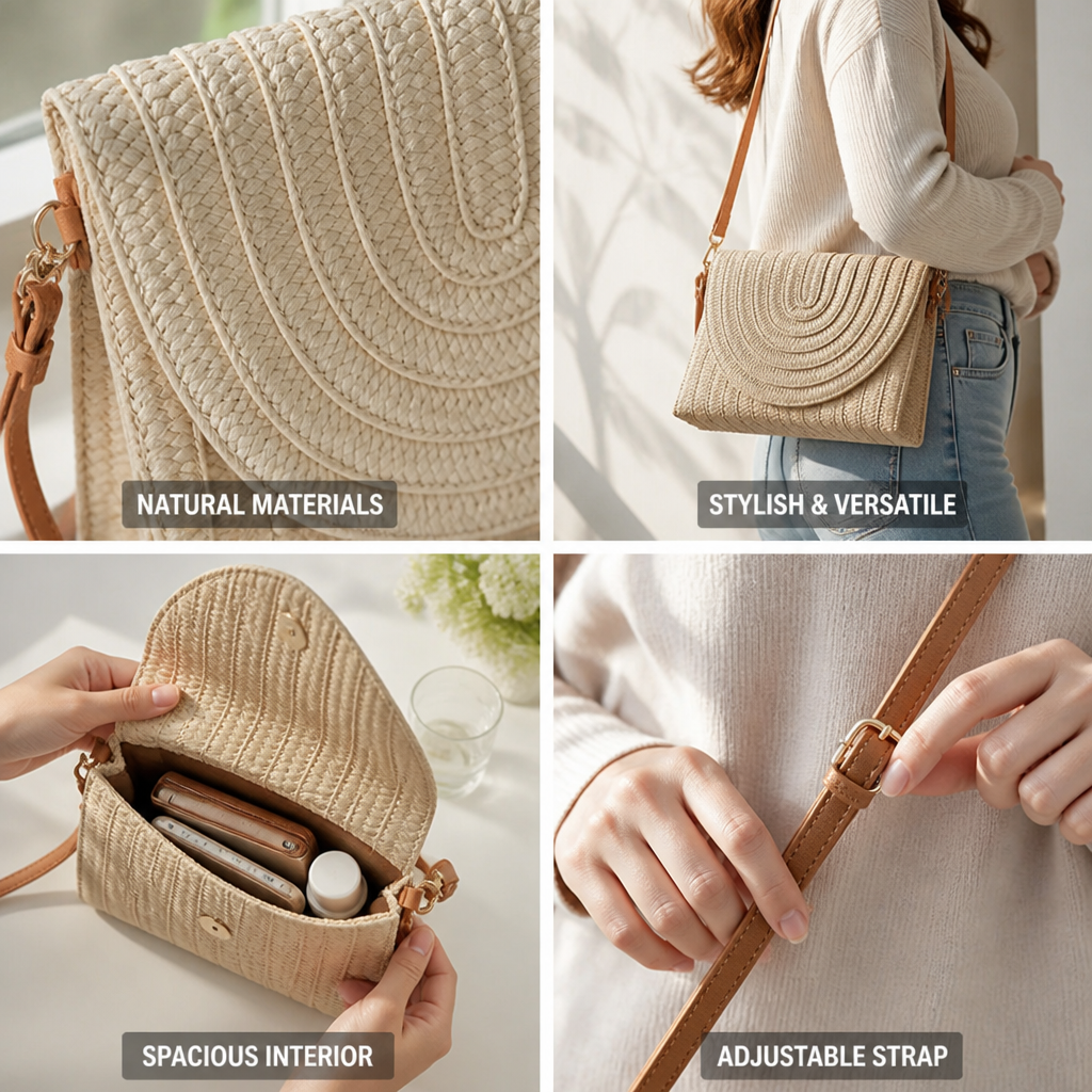 Woven Natural Fiber Round Flap Crossbody Bag (Adjustable Strap) | elesira