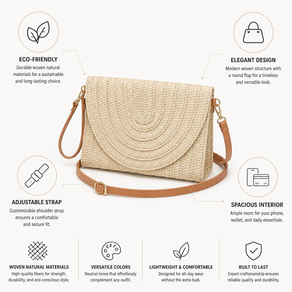 Woven Natural Fiber Round Flap Crossbody Bag (Adjustable Strap) | elesira