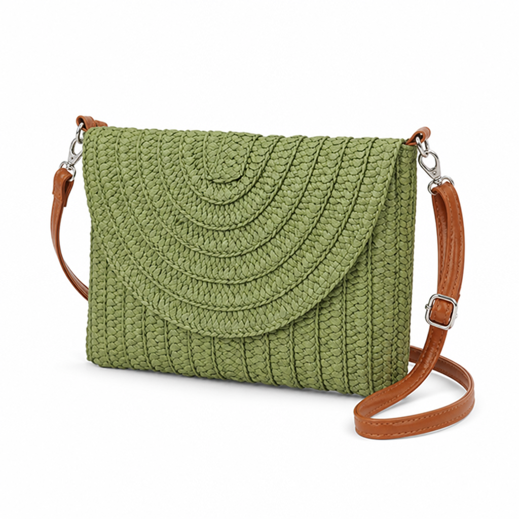 Woven Natural Fiber Round Flap Crossbody Bag (Adjustable Strap) | elesira