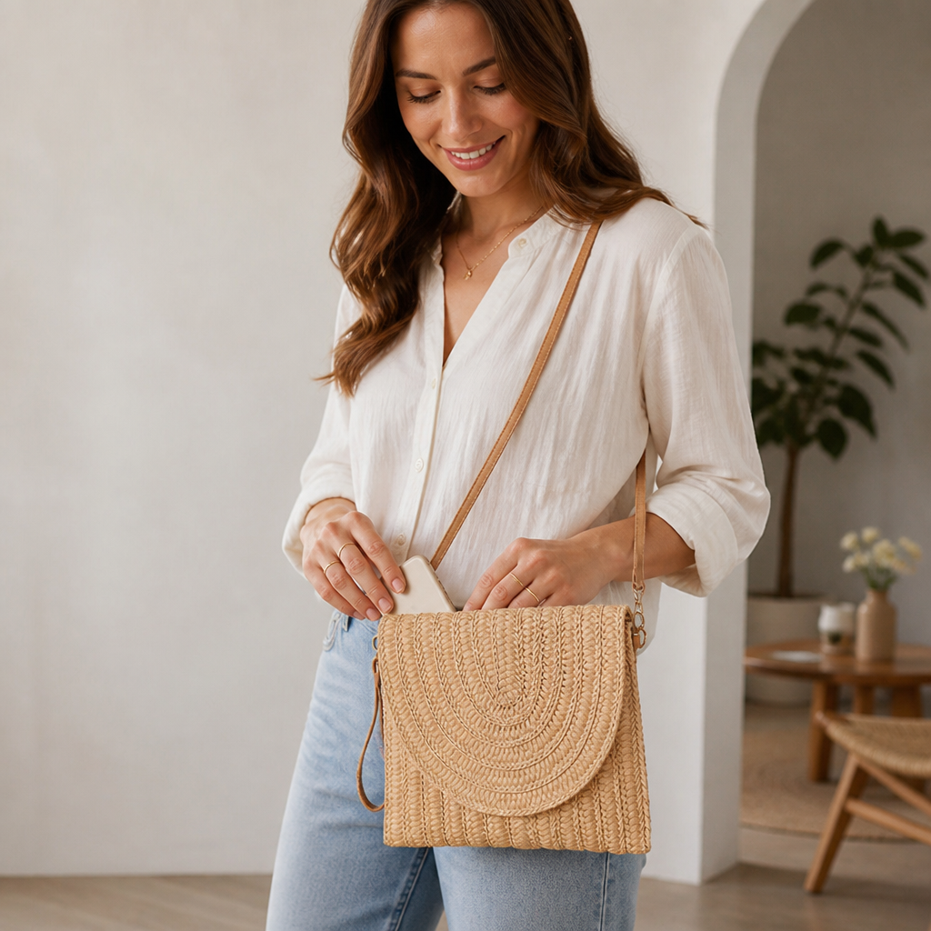 Sac à main en paille tressée avec rabat à fermeture | elesira