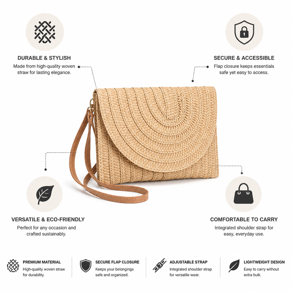 Sac à main en paille tressée avec rabat à fermeture | elesira