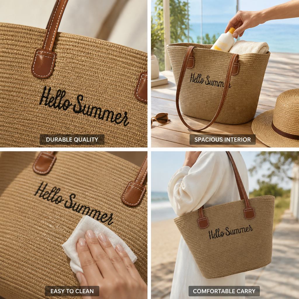 Woven Straw Tote Bag With Leather Handles (Hello Summer Embroidery) | elesira