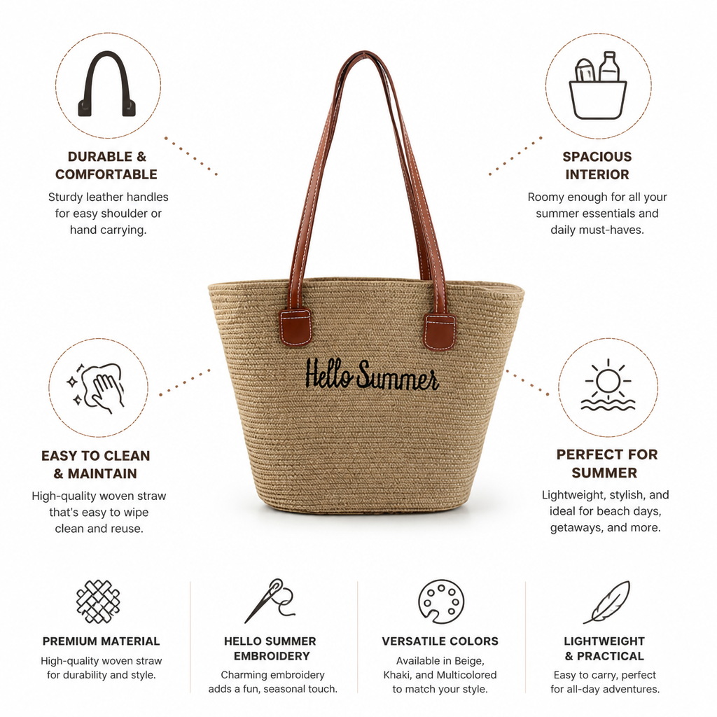 Woven Straw Tote Bag With Leather Handles (Hello Summer Embroidery) | elesira