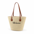 Woven Straw Tote Bag With Leather Handles (Hello Summer Embroidery) | elesira