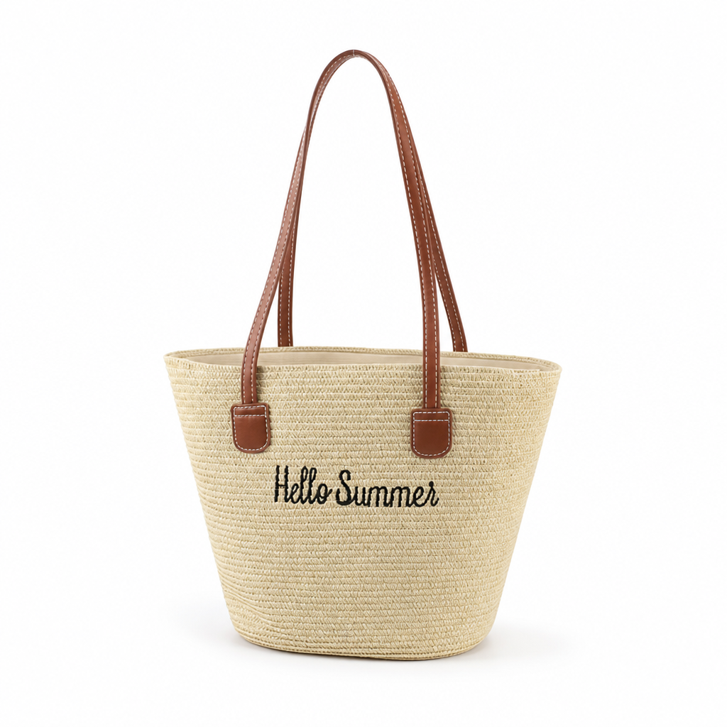 Woven Straw Tote Bag With Leather Handles (Hello Summer Embroidery) | elesira