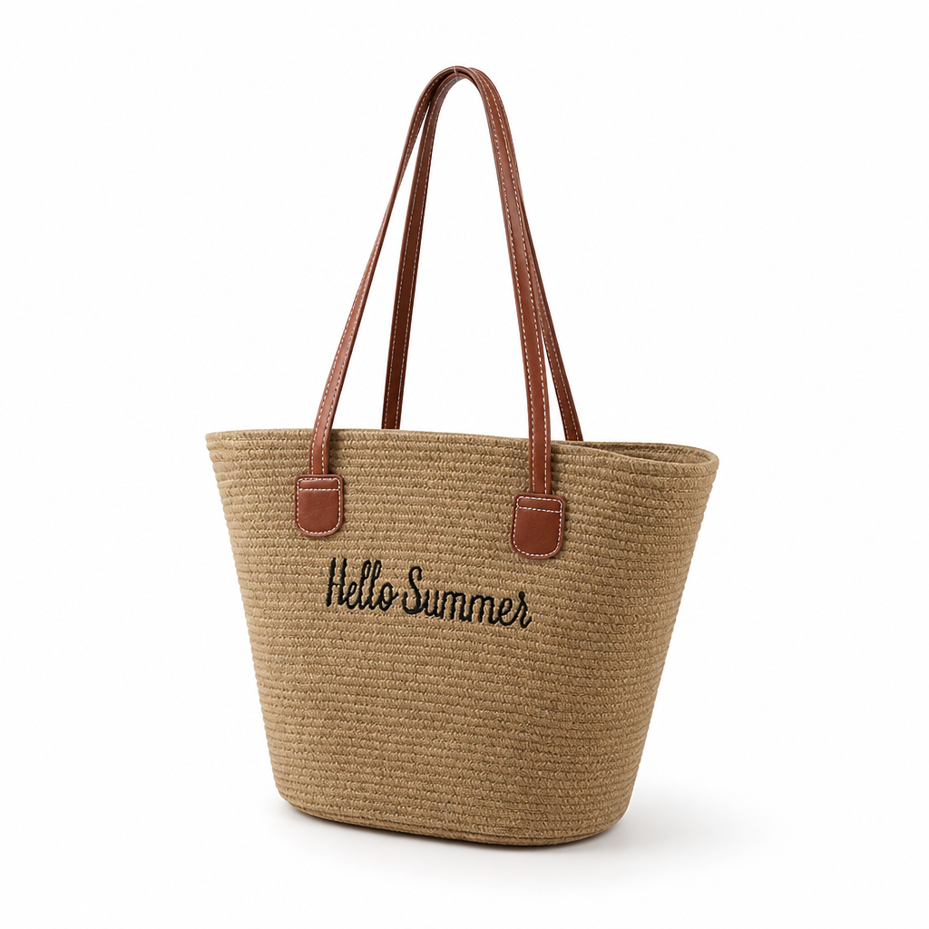 Woven Straw Tote Bag With Leather Handles (Hello Summer Embroidery) | elesira