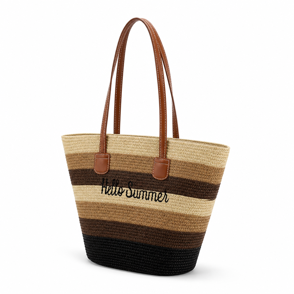 Woven Straw Tote Bag With Leather Handles (Hello Summer Embroidery) | elesira