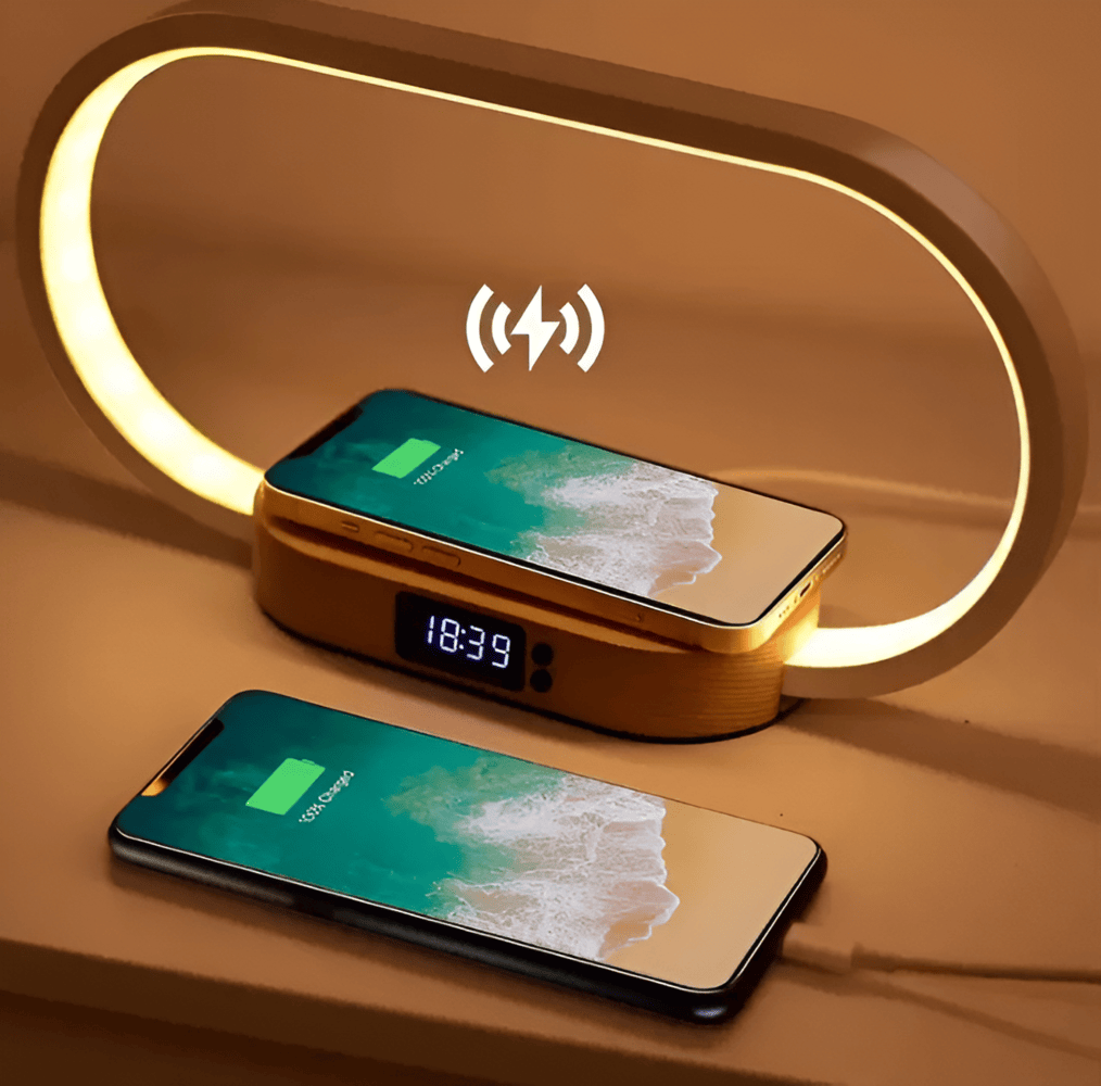 LumaNest | Multifunktionell LED-sängbordslampa med trådlös laddare och digital klocka | elesira