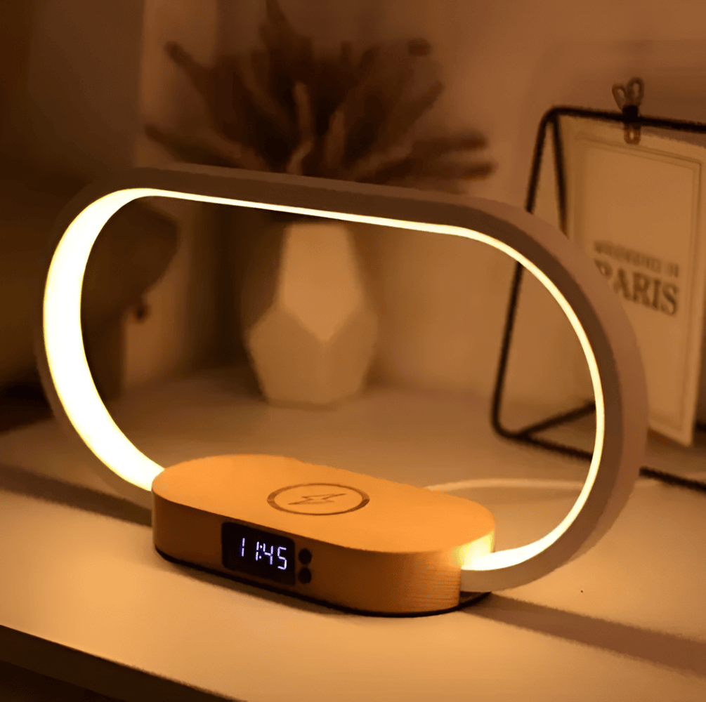 LumaNest | Multifunktionell LED-sängbordslampa med trådlös laddare och digital klocka | elesira