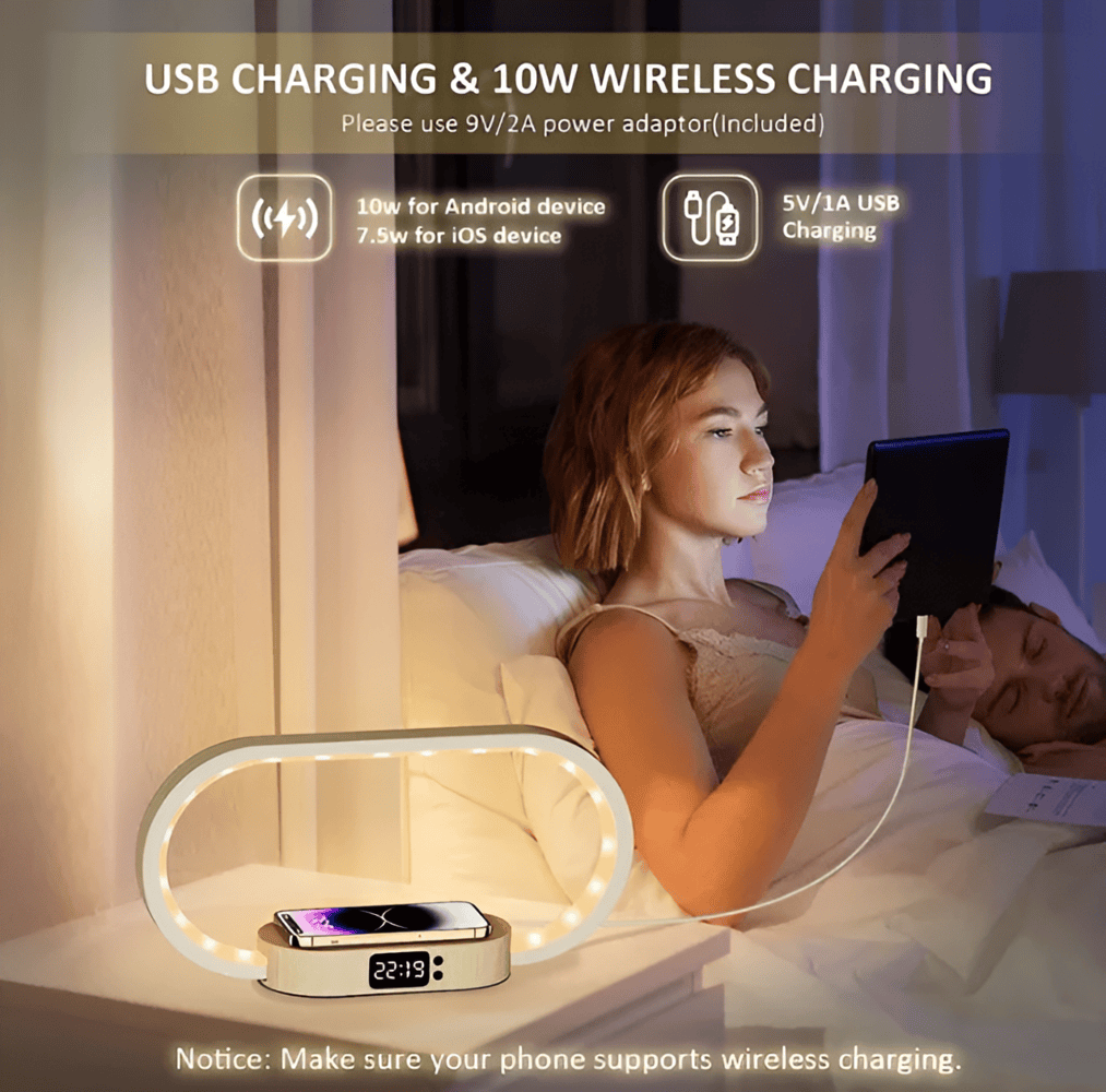 LumaNest | Multifunktionell LED-sängbordslampa med trådlös laddare och digital klocka | elesira