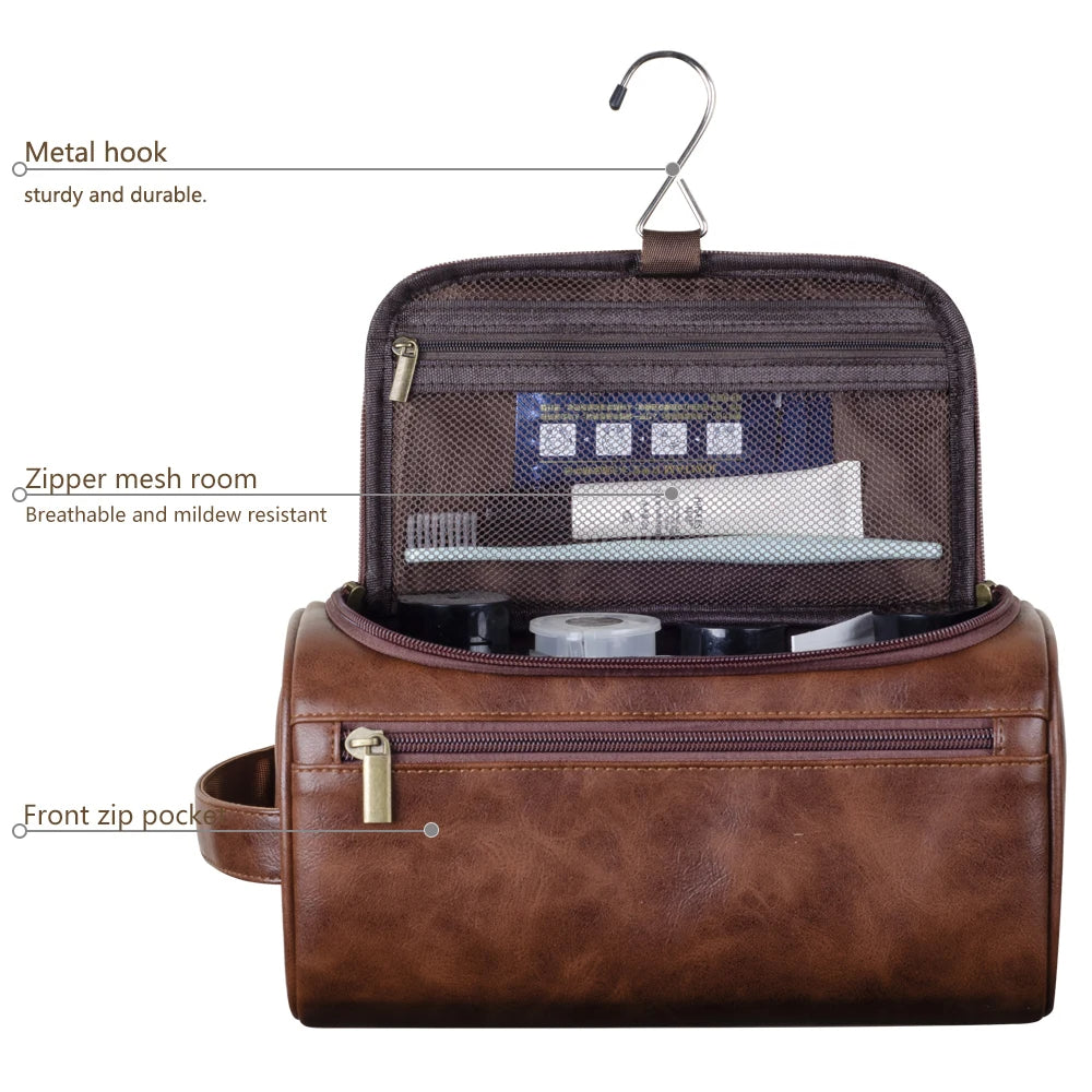 Elegante neceser de viaje de cuero con práctico gancho para colgar | elesira