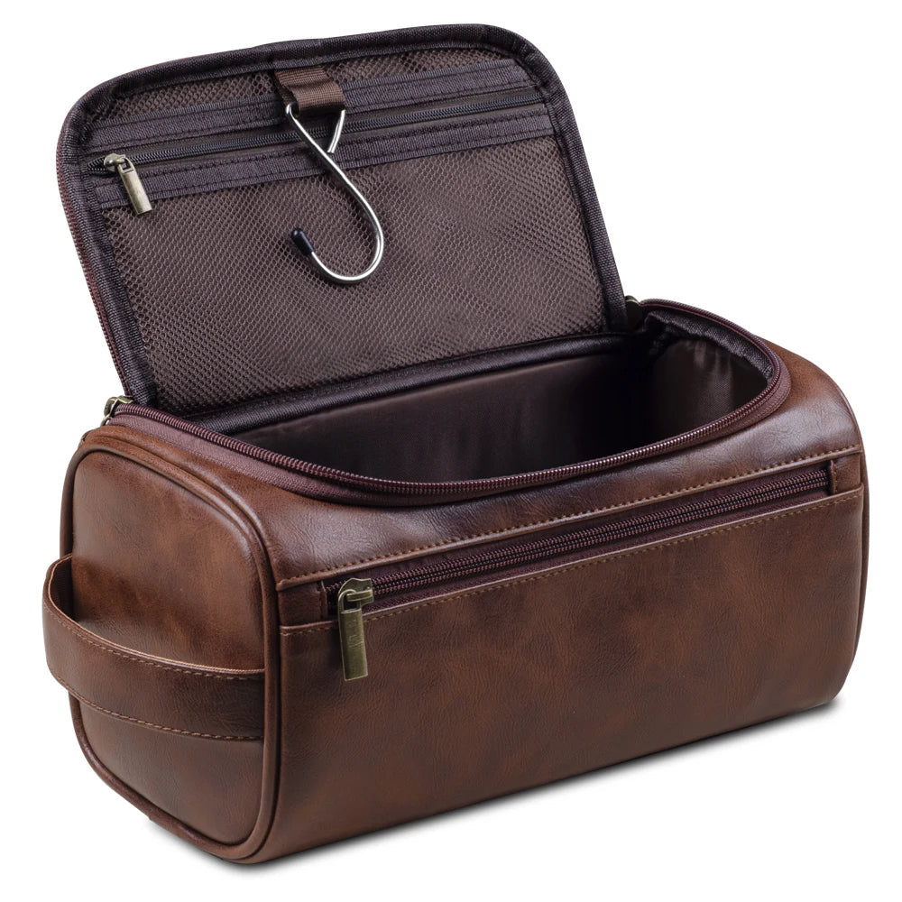 Elegante neceser de viaje de cuero con práctico gancho para colgar | elesira