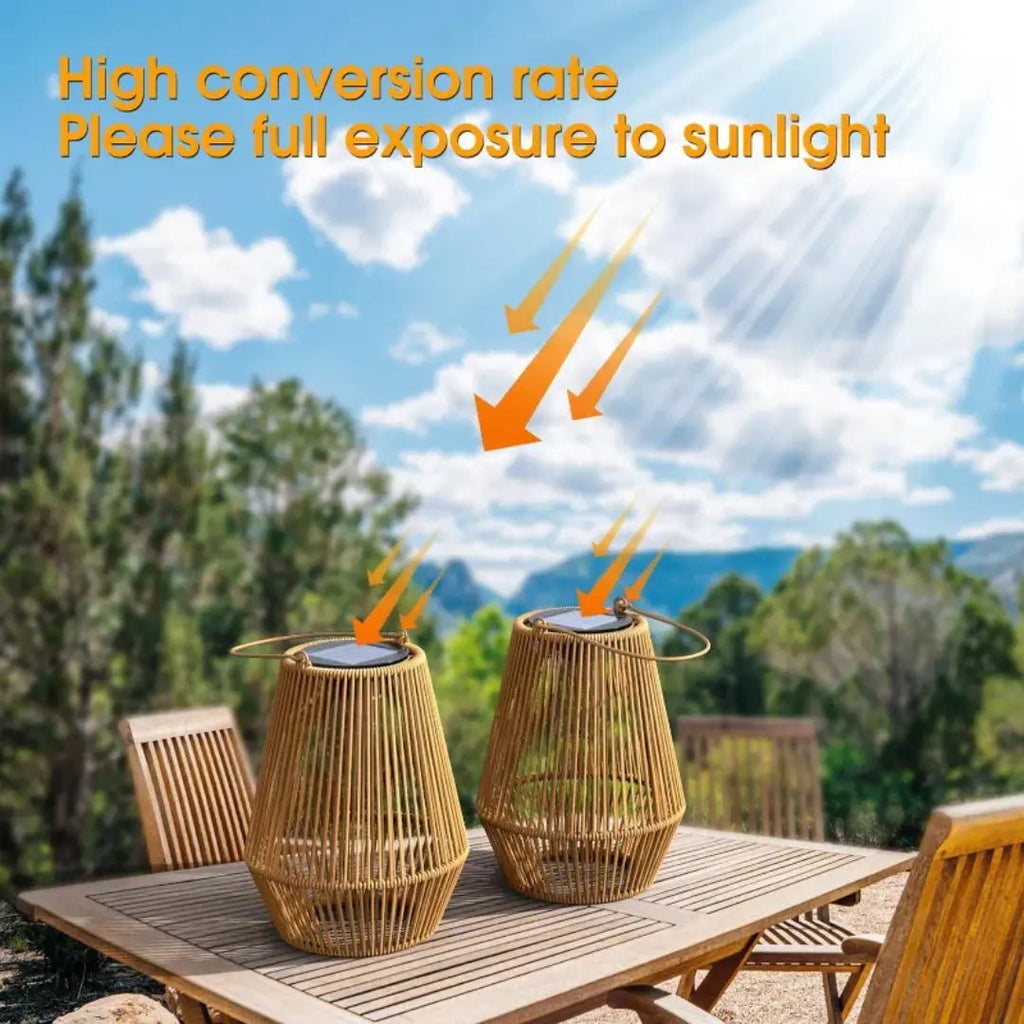 Weatherproof Rattan Solar Lantern with Warm LED Light, Automatic | elesira