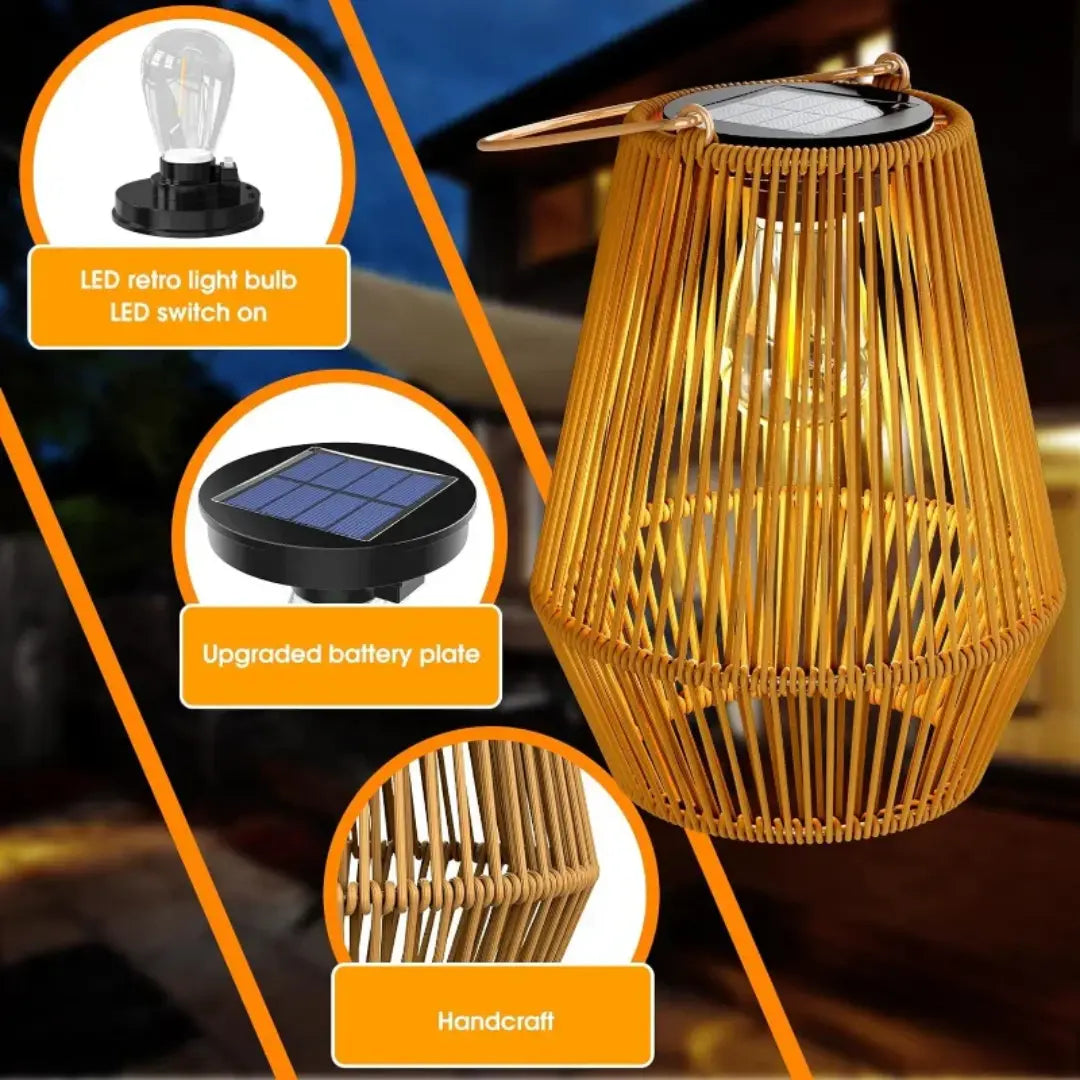 Weatherproof Rattan Solar Lantern with Warm LED Light, Automatic | elesira