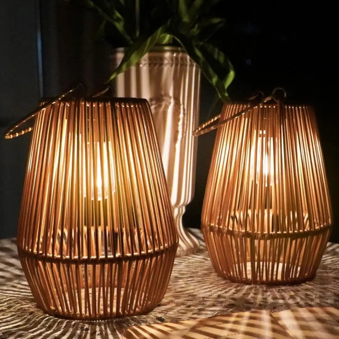 Weatherproof Rattan Solar Lantern with Warm LED Light, Automatic | elesira