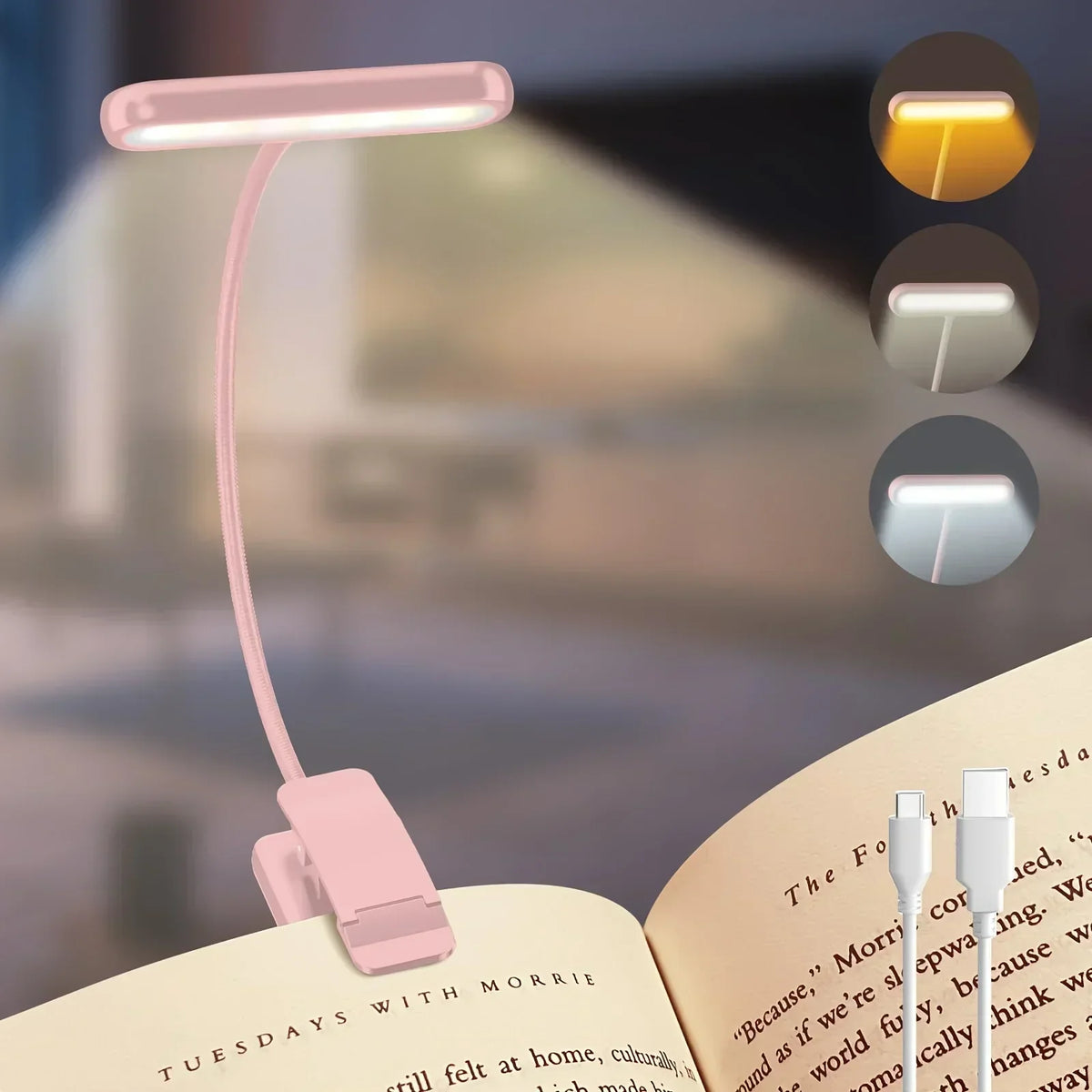 Allsidig oppladbar USB-leselampe med klemme - justerbar arm og 3 fargemoduser | elesira