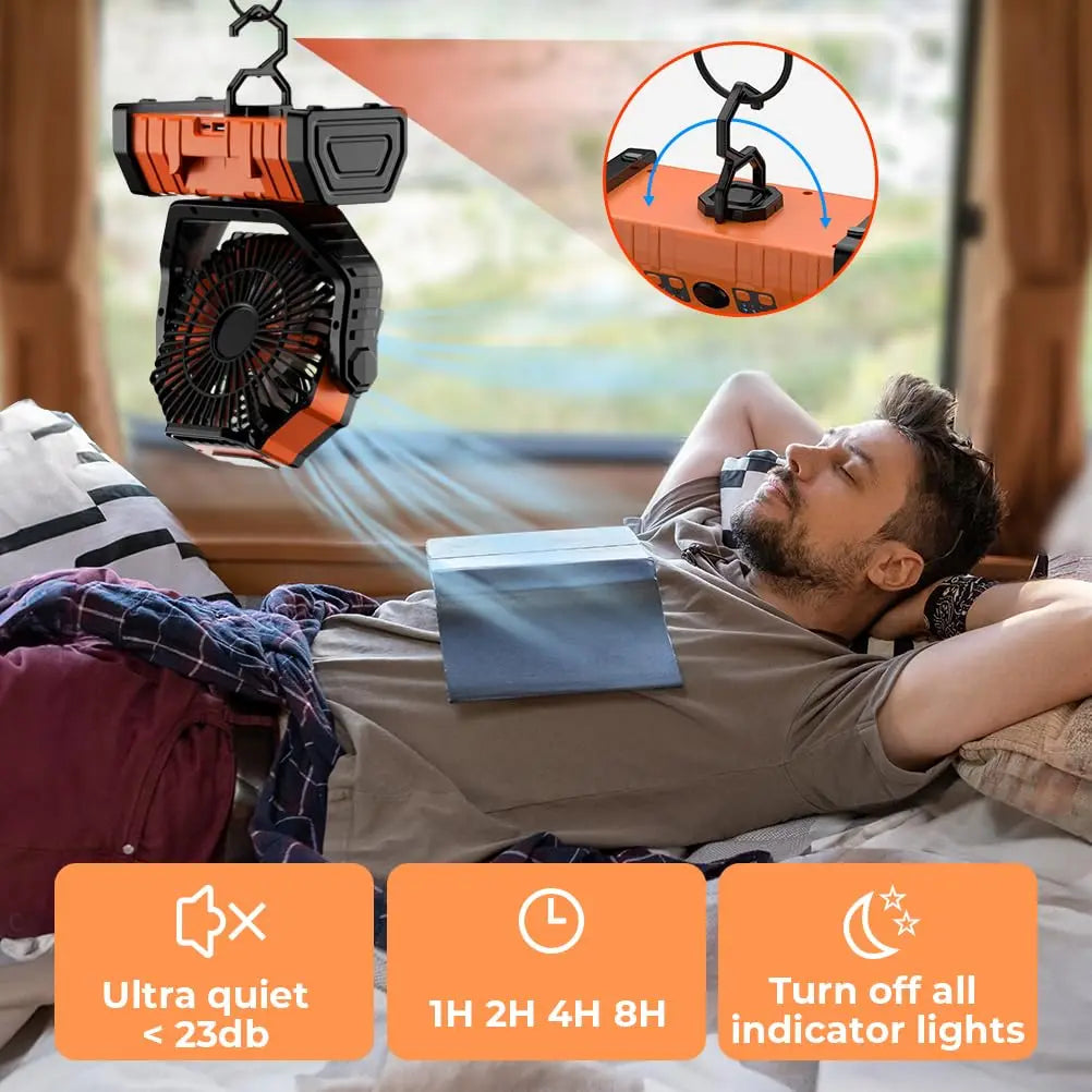 Ventilateur de camping polyvalent de 20000mAh avec éclairage et batterie externe | elesira