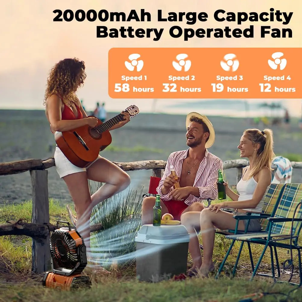 Ventilateur de camping polyvalent de 20000mAh avec éclairage et batterie externe | elesira