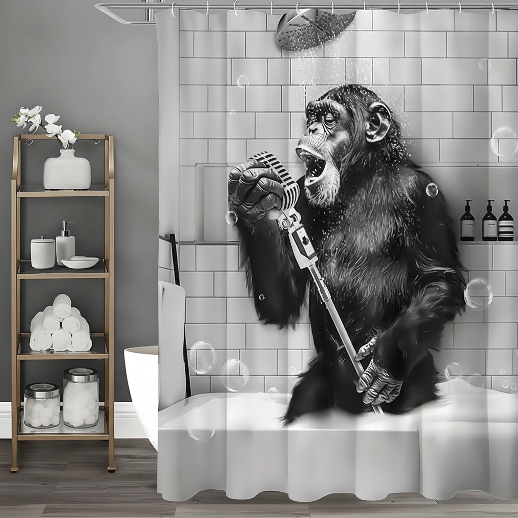 Water-Repellent Polyester Shower Curtain – Black and White Monkey Print | elesira