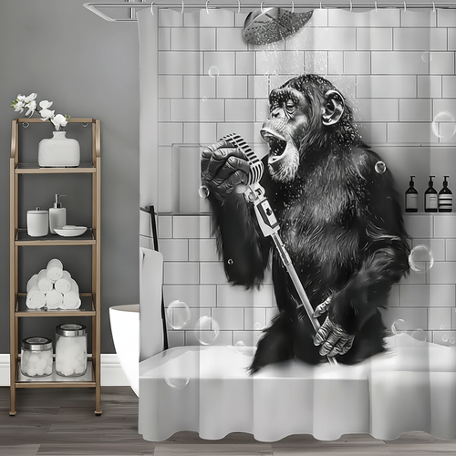 Cortina de duche de poliéster repelente de água – Padrão de macacos a preto e branco | elesira