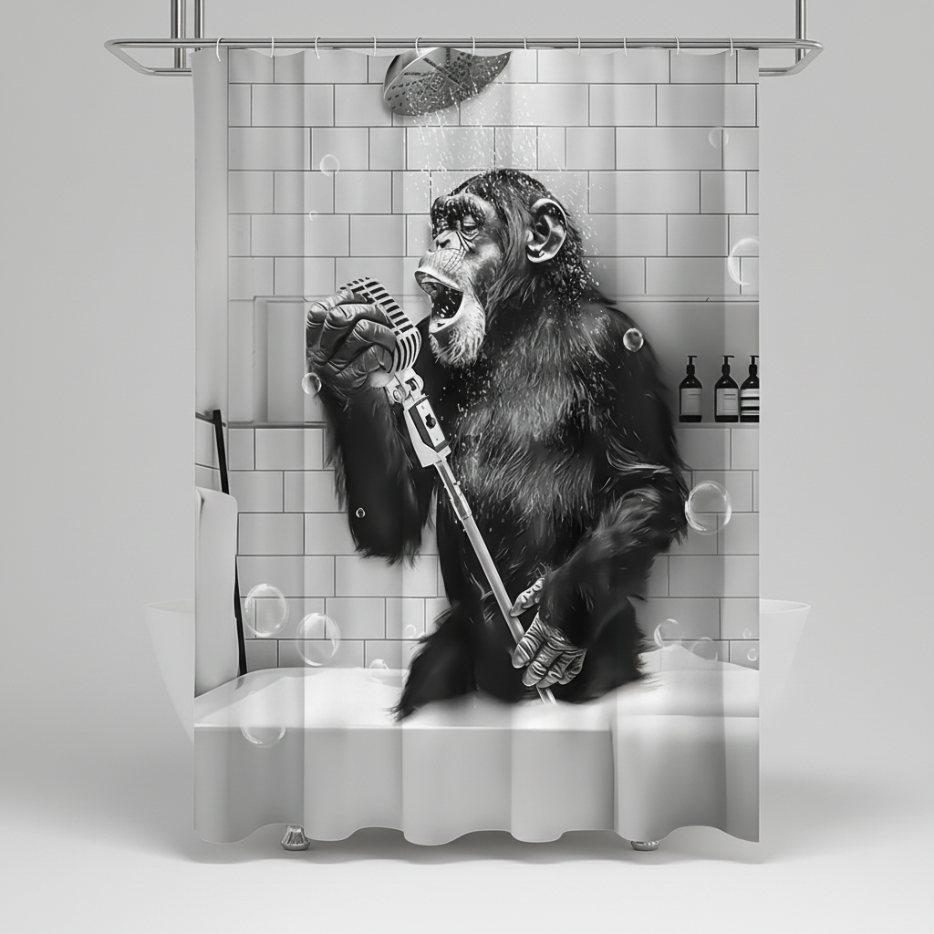 Water-Repellent Polyester Shower Curtain – Black and White Monkey Print | elesira