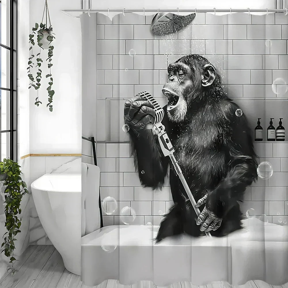 Water-Repellent Polyester Shower Curtain – Black and White Monkey Print | elesira