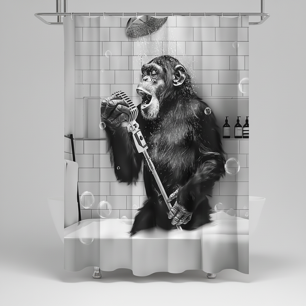 Water-Repellent Polyester Shower Curtain – Black and White Monkey Print | elesira