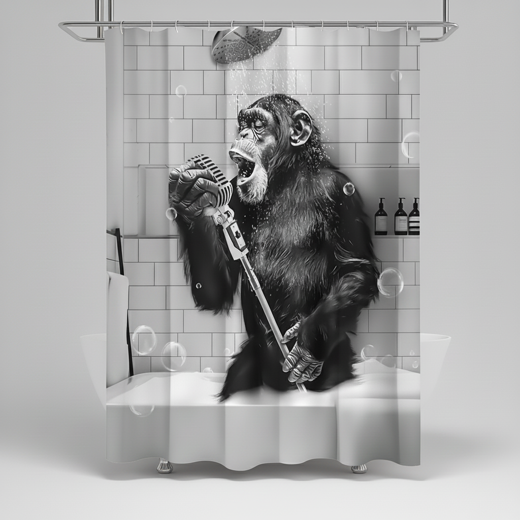 Water-Repellent Polyester Shower Curtain – Black and White Monkey Print | elesira