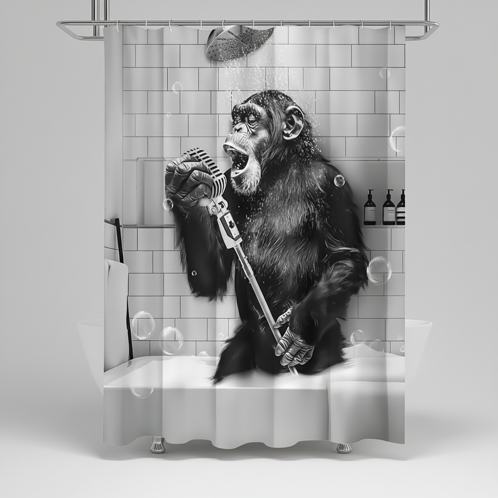 Water-Repellent Polyester Shower Curtain – Black and White Monkey Print | elesira