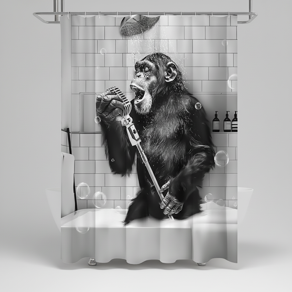 Water-Repellent Polyester Shower Curtain – Black and White Monkey Print | elesira