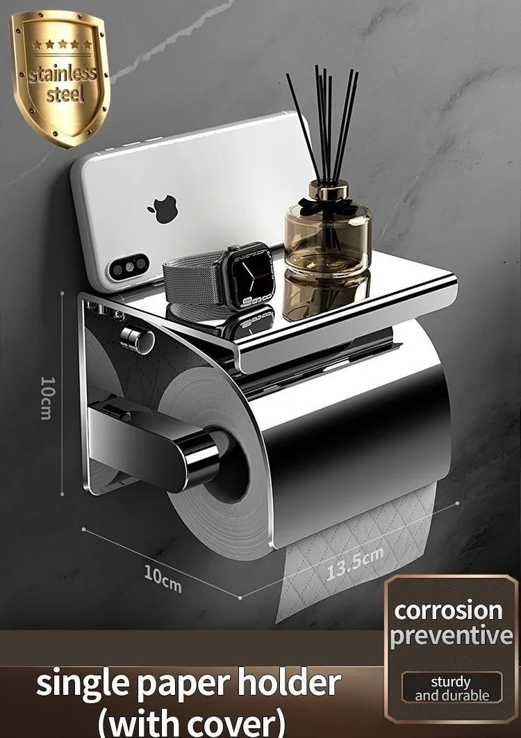 Wall-Mounted Toilet Paper Holder in Stainless Steel with Shelf | elesira
