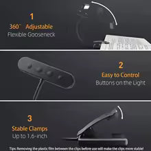 Allsidig oppladbar USB-leselampe med klemme - justerbar arm og 3 fargemoduser | elesira