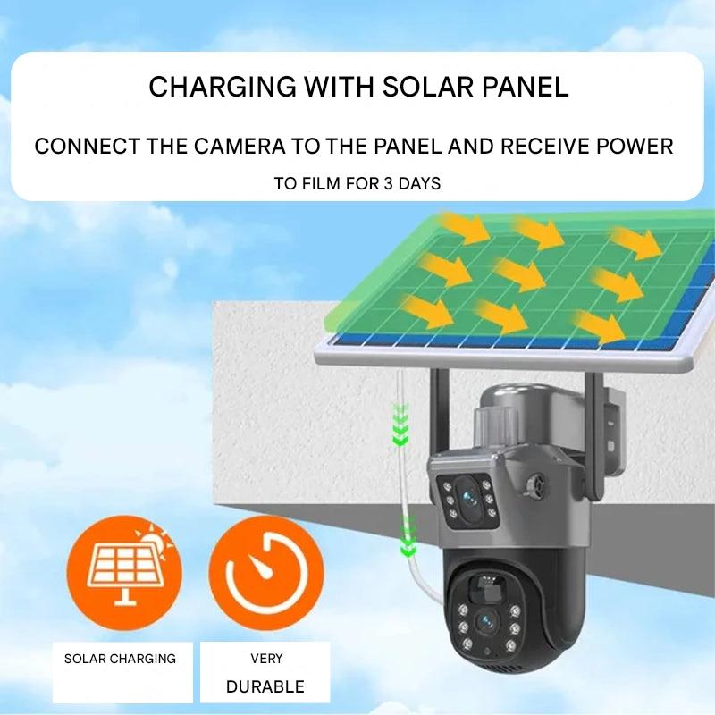 Solar-Sicherheitskamera mit Doppelobjektiv - 10-fachem Zoom, 360° PTZ - 12.000 mAh, IP66, 4G-WLAN | elesira