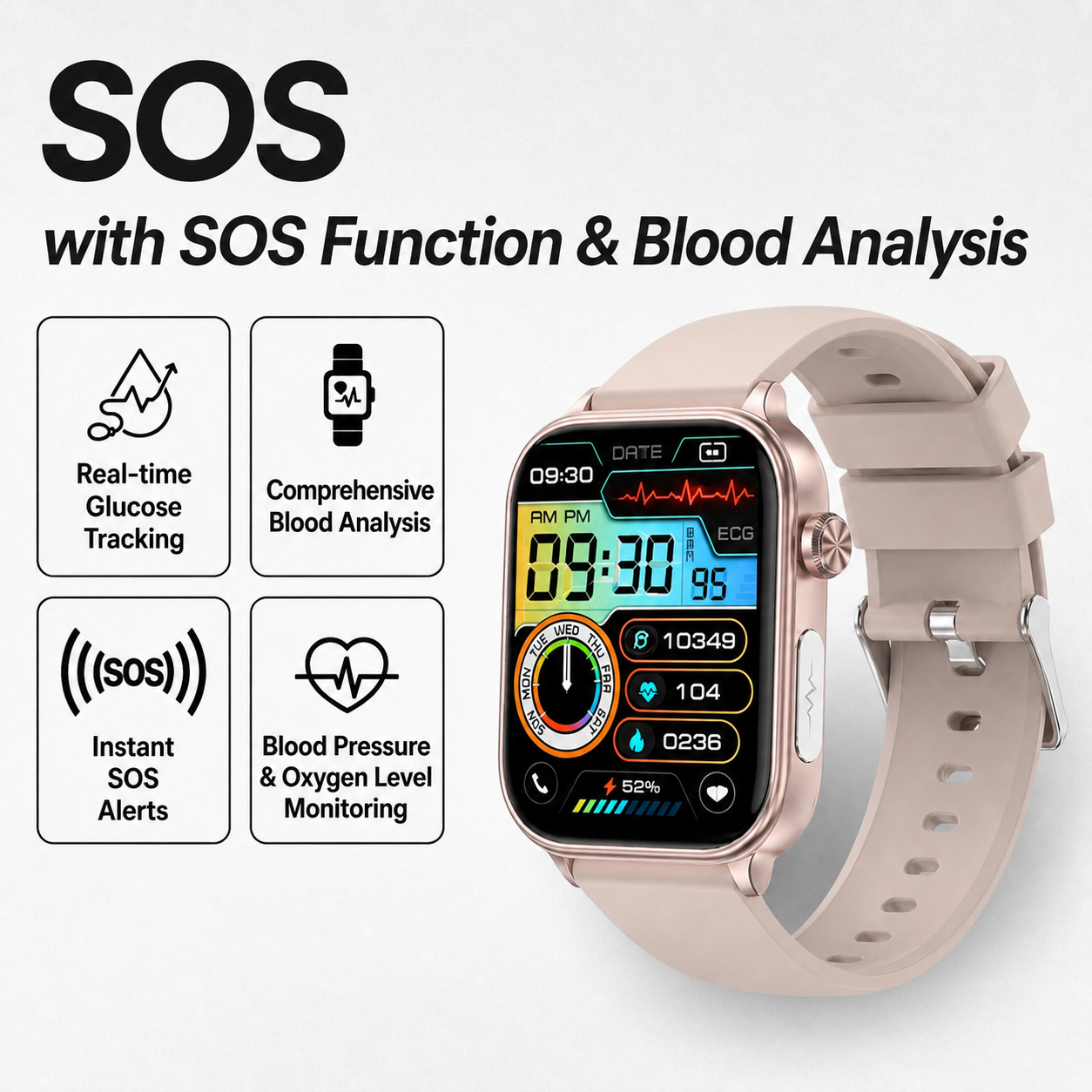 Smartwatch with SOS Emergency Alert and Fall Detection - Heart Rate, Oxygen, and Activity Monitoring - Bluetooth and Waterproof | elesira