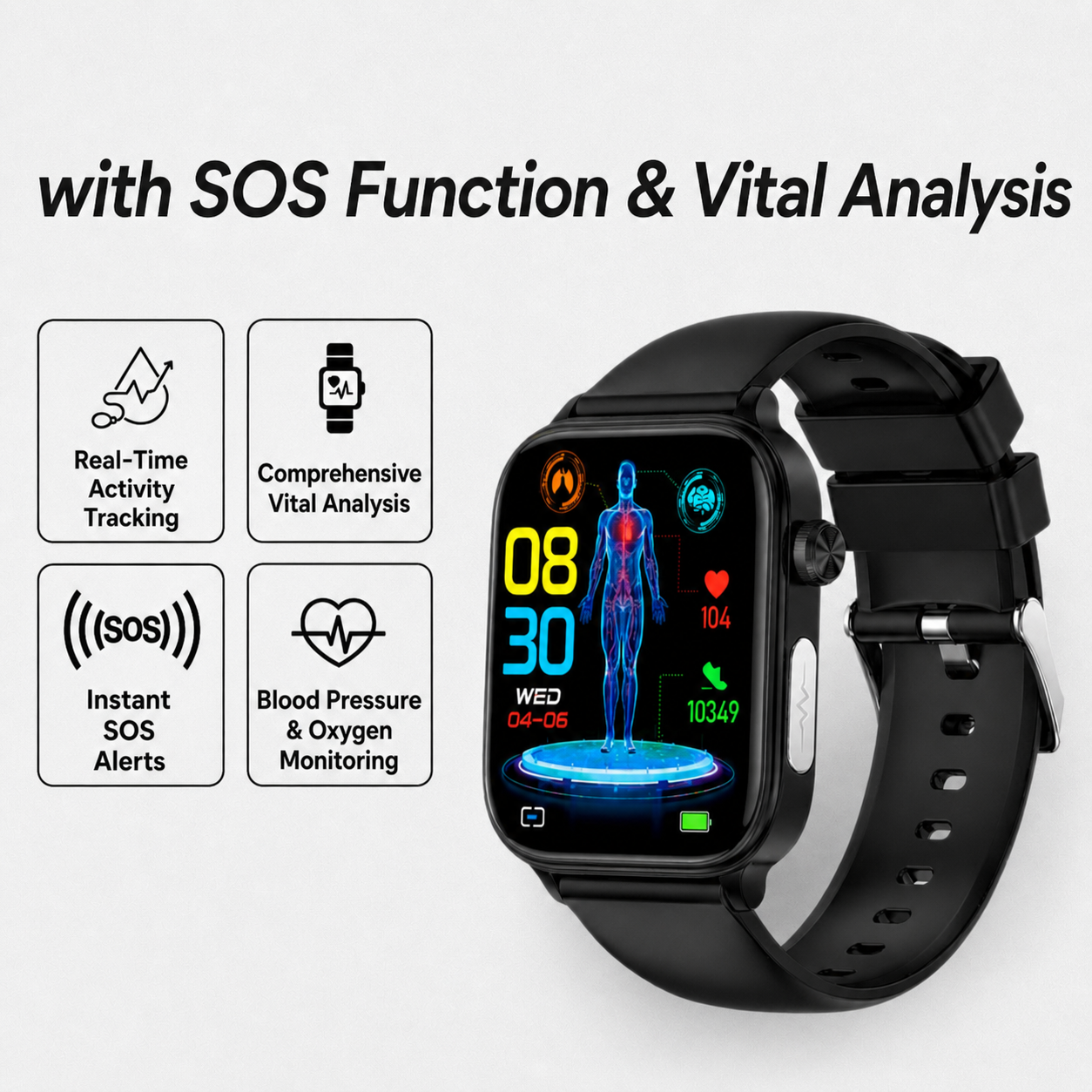 Smartwatch with SOS Emergency Alert and Fall Detection - Heart Rate, Oxygen, and Activity Monitoring - Bluetooth and Waterproof | elesira