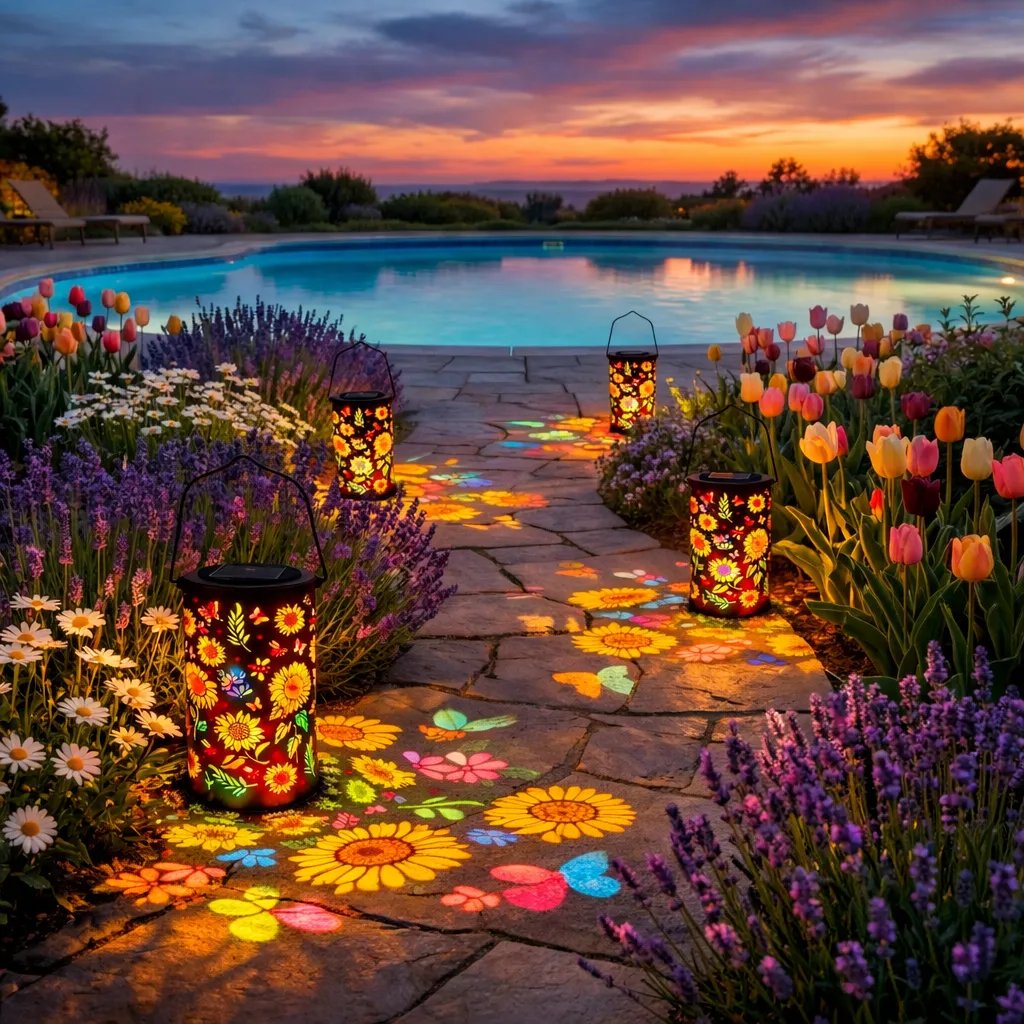 Solar Garden Lantern with Floral Pattern and Light Projection | elesira