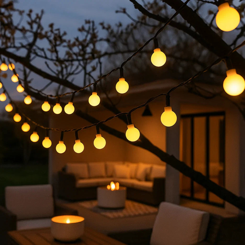 Luzes de cordão solares brancas quentes para decoração de jardins exteriores | elesira