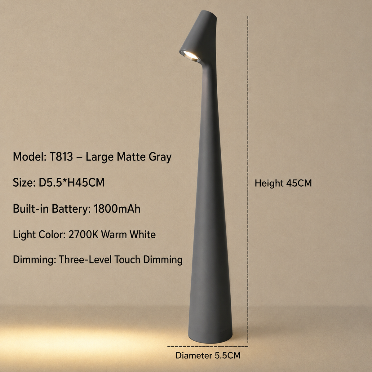 مصباح طاولة LED لاسلكي بتصميم أنيق مع تعتيم باللمس من 3 مستويات | elesira
