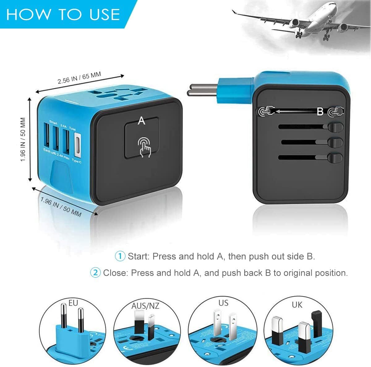 Adaptor de alimentare inteligent pentru călătorii, cu porturi de încărcare USB | elesira