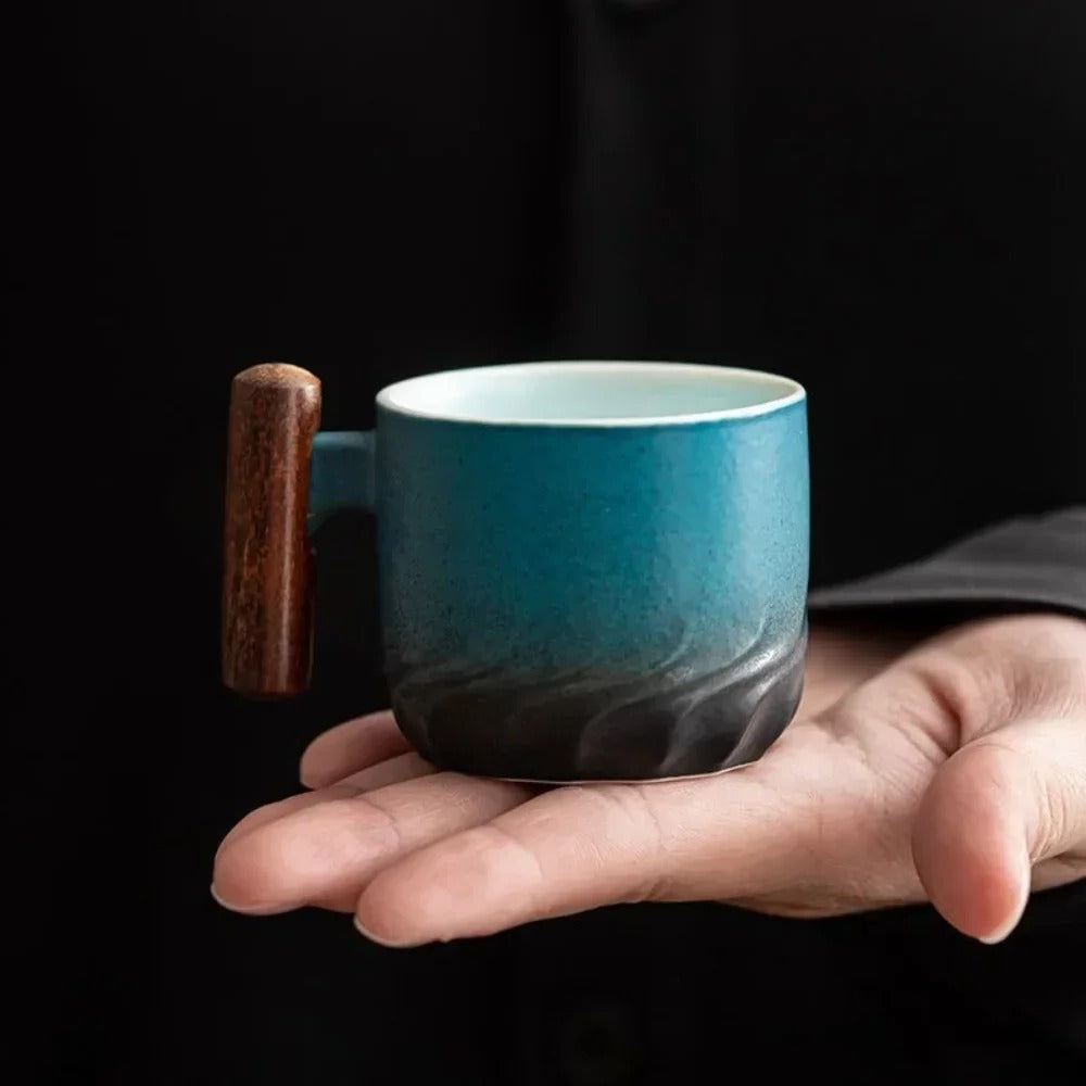 Vintage-Style 80ml Ceramic Espresso Mug with Wooden Grip | elesira