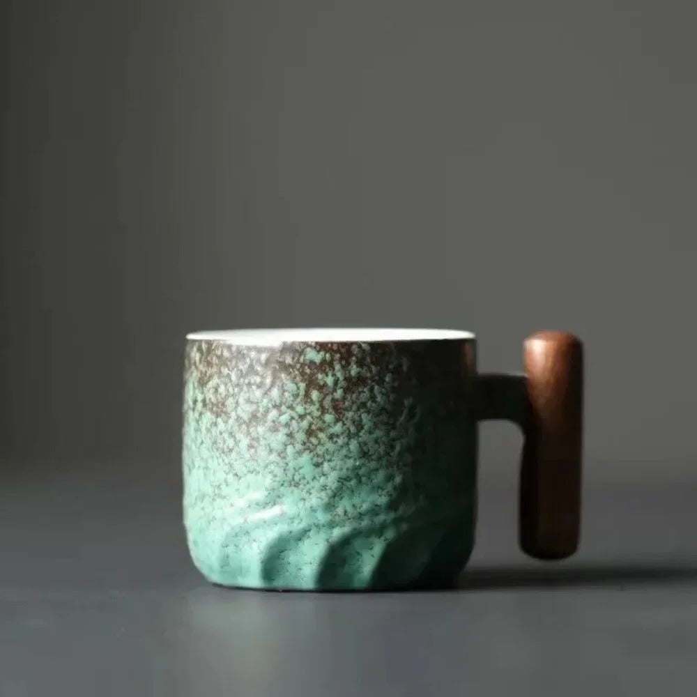 Vintage-Style 80ml Ceramic Espresso Mug with Wooden Grip | elesira