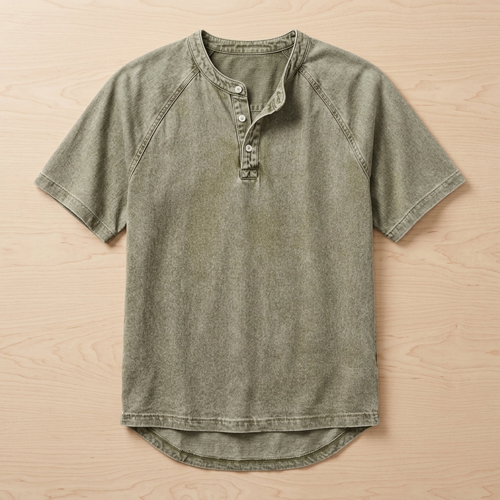 VesperLoom – Vintage Mineral-Wash Raglan Henley Tee | elesira