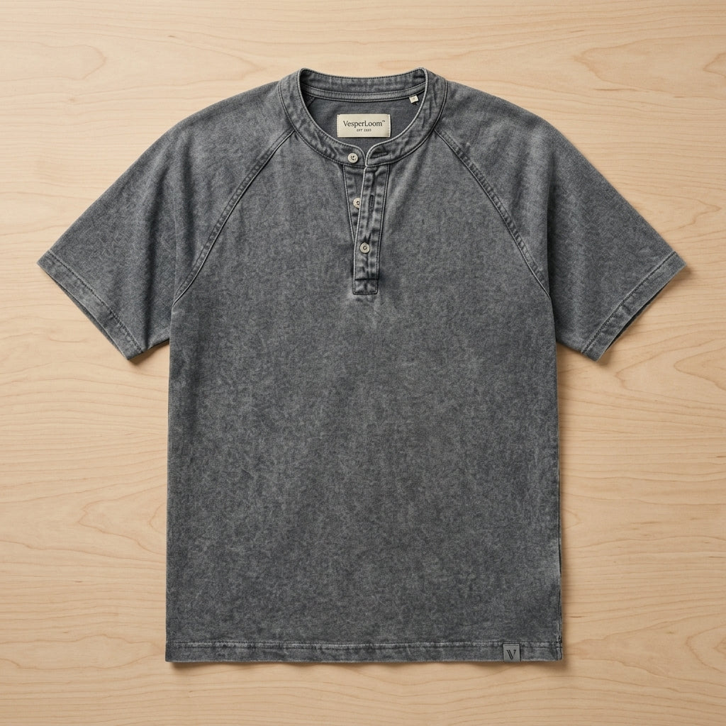 VesperLoom – Vintage Mineral-Wash Raglan Henley Tee | elesira
