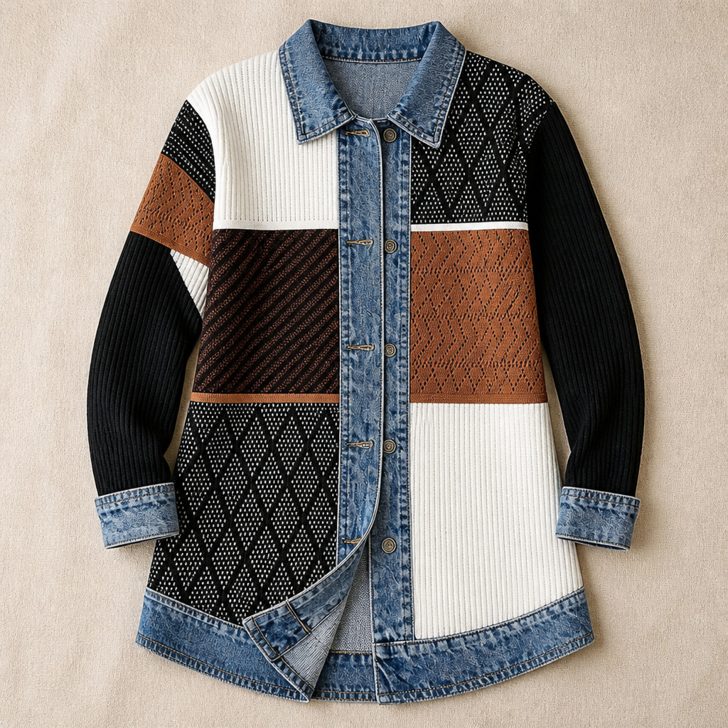 SolaceRidge – Weiche gerippte Strickjacke mit kontrastierendem Denim-Besatz | elesira