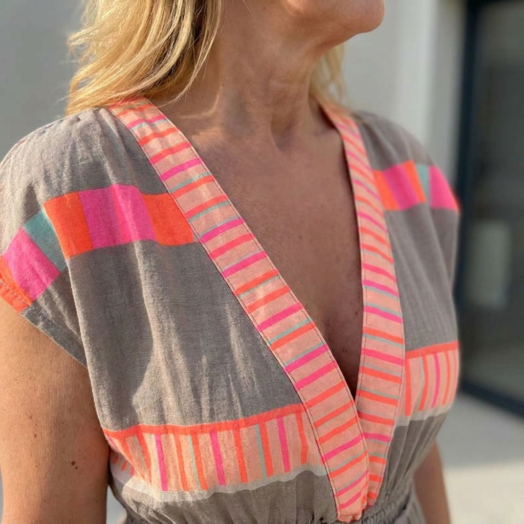 Solana – Bohemian maxi-jurk met V-hals, laagjes en strik met kwastjes in print | elesira