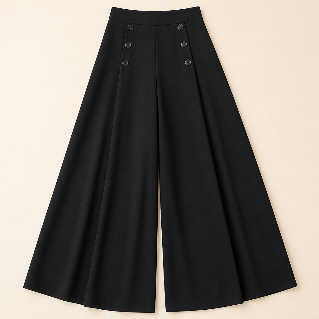 VeroLuxe – vide, ledige bukser med folder og dekorativ knapp på siden | elesira