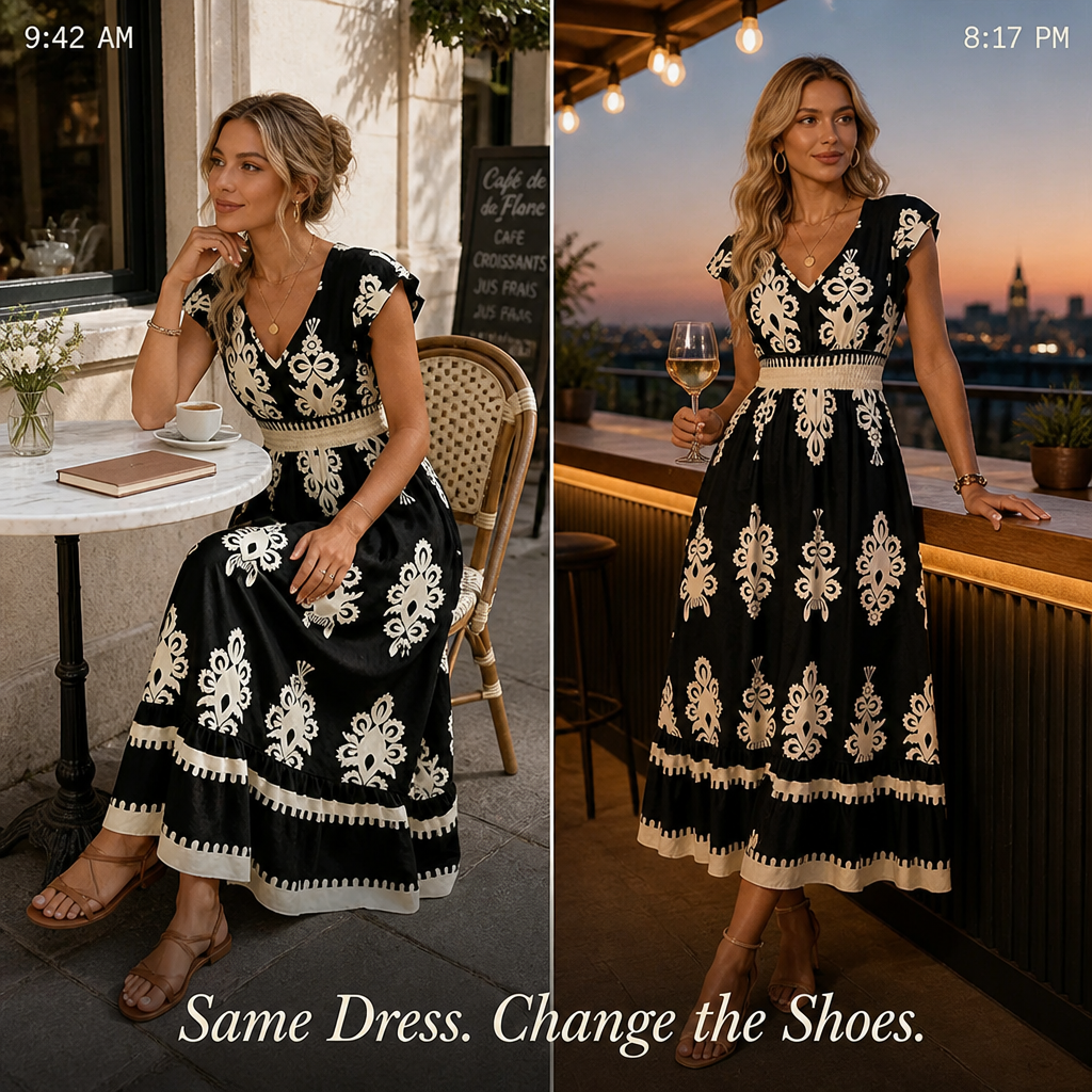 Vellureva | Slip on One Cap-Sleeve Maxi from Café Brunch to Rooftop Night | elesira