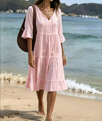 Robe Midi à Volants Étagés — Col V et Glands Bohème